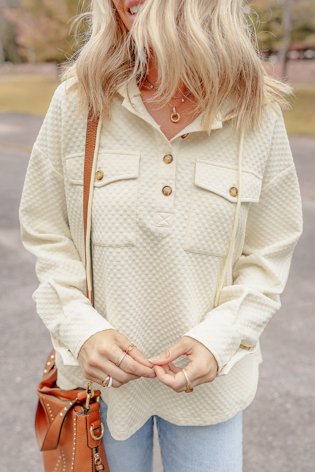 Textured Buttoned Neckline Side Pockets Hoodie