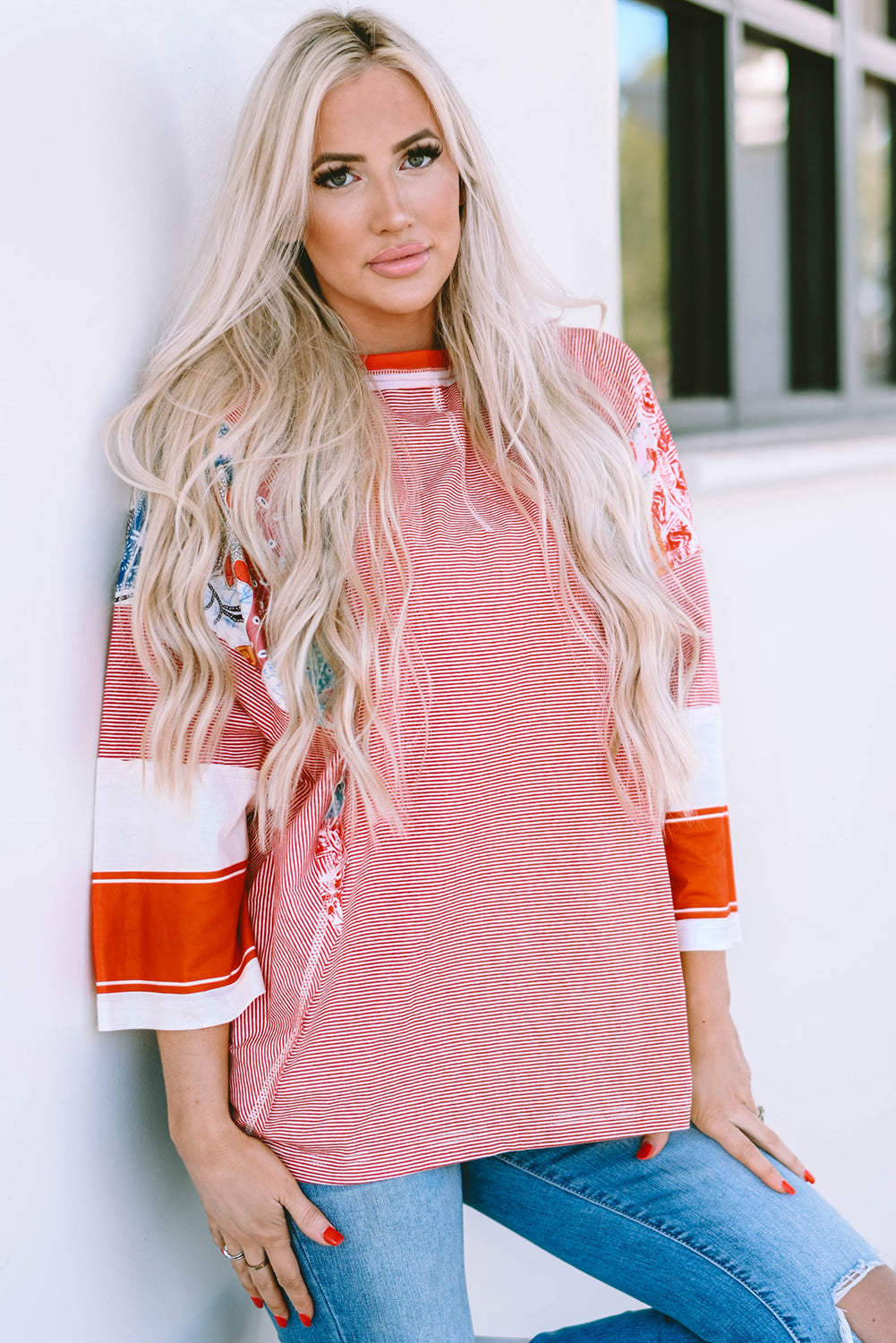 Pinstriped Color Block Patchwork Oversized Top