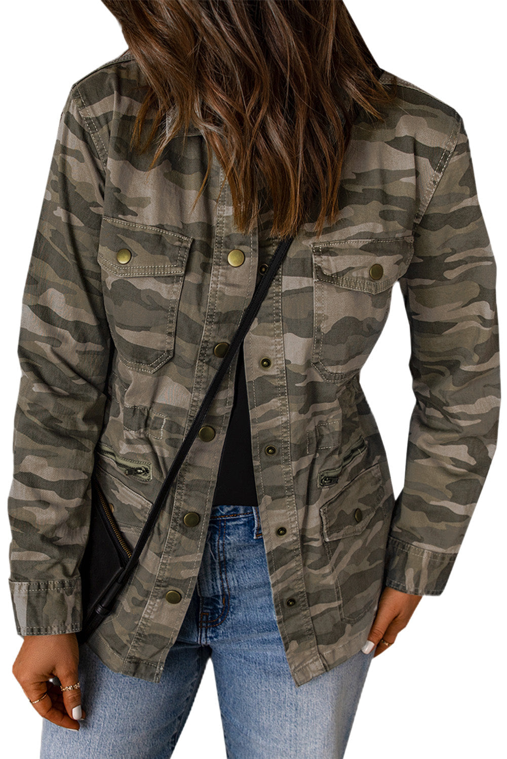 Women's Camouflage-Print Green Multi Pockets Button-Front Jacket
