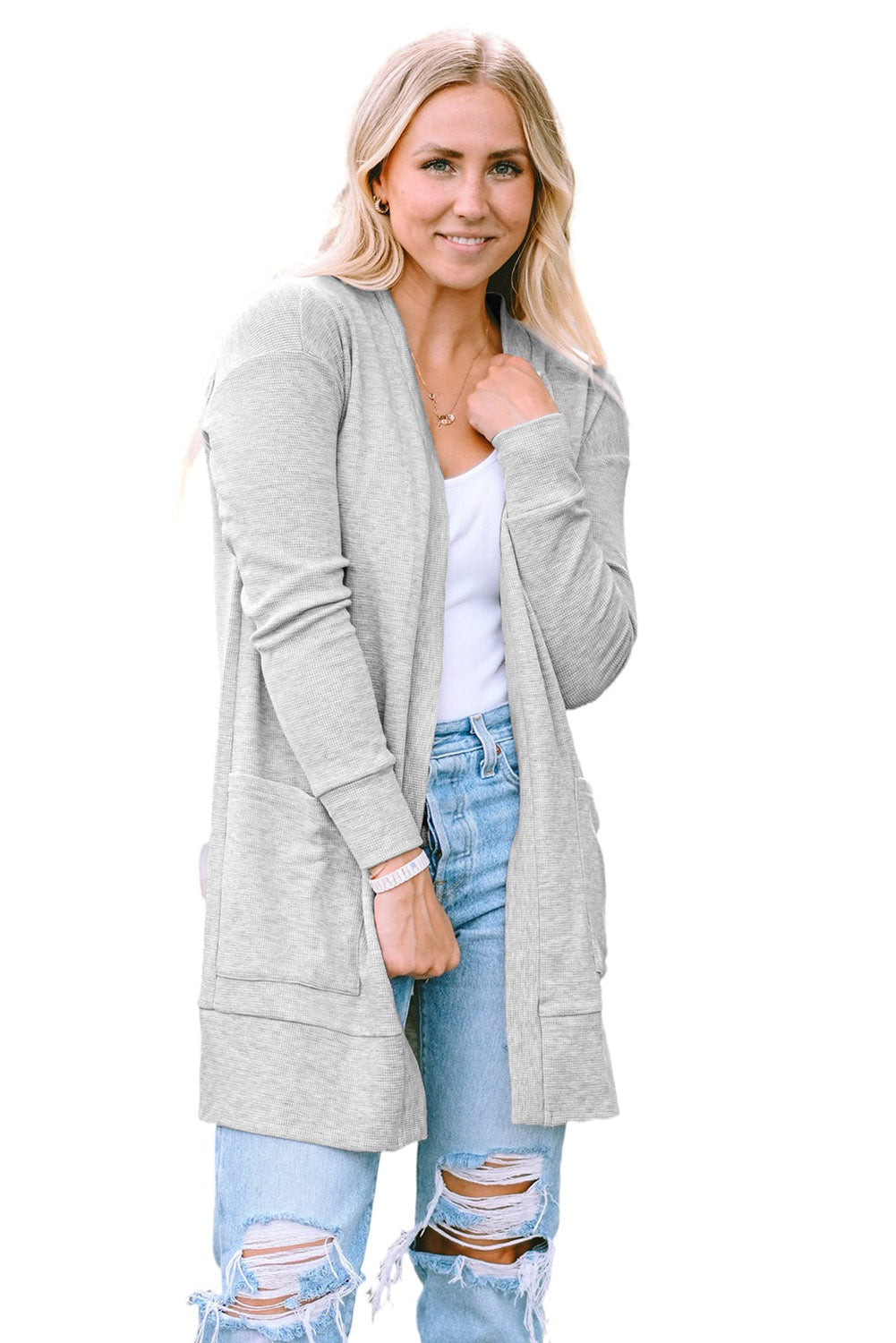 Cardigan à poches en tricot gaufré thermique gris clair