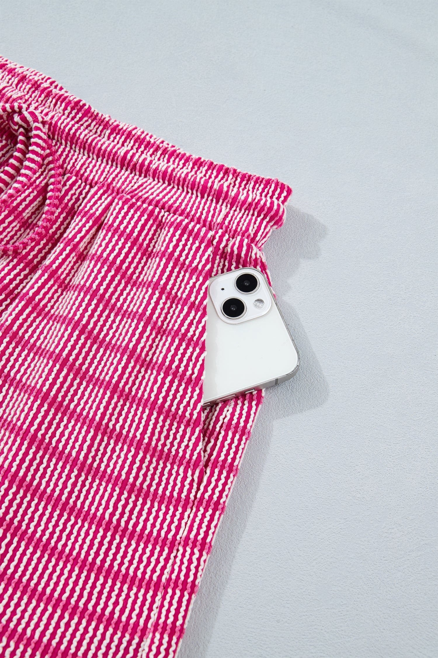 Rose Rib Stripe Raised Loose Tee Drawcord Elastic Waist 2pcs Short Set