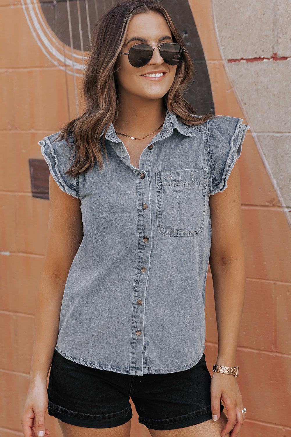 Women's Shirt Featuring Denim Frayed Ruffle-Trimmed Sleeve