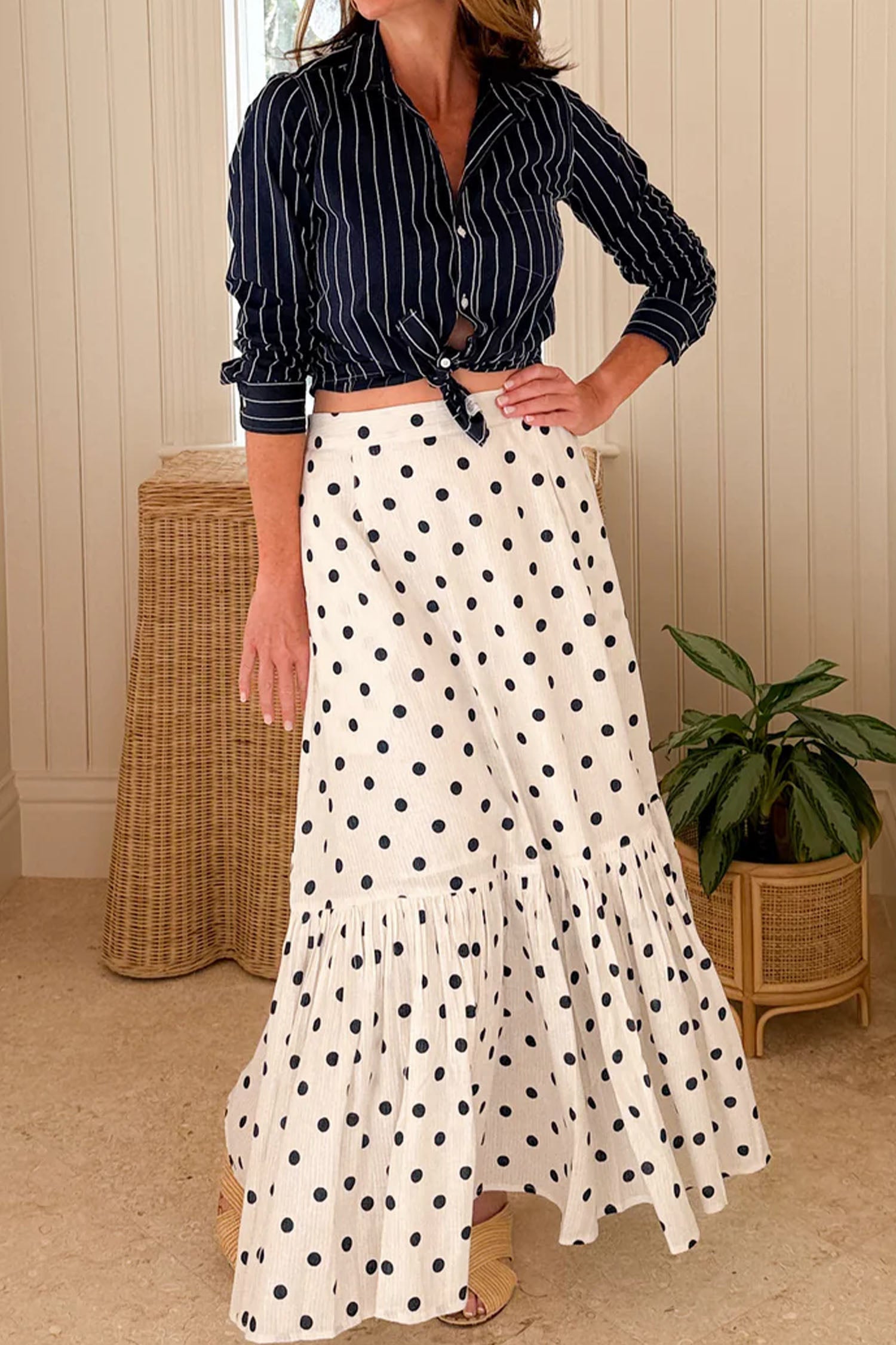 Polka-Dot Maxi Ruffled Slit Skirt in White
