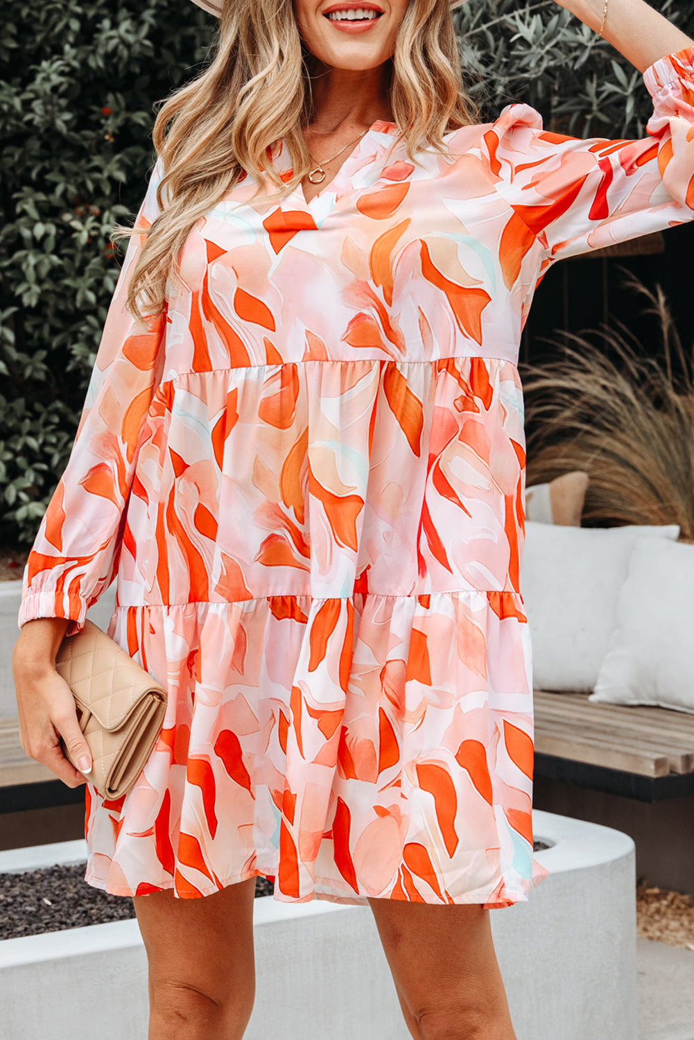 Abstract Print Split Neck Long-Sleeved Dress