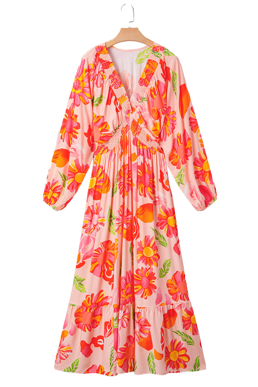 Floral-Print Smocked Detail V-Neck Puff Sleeve Flowy Maxi Dress