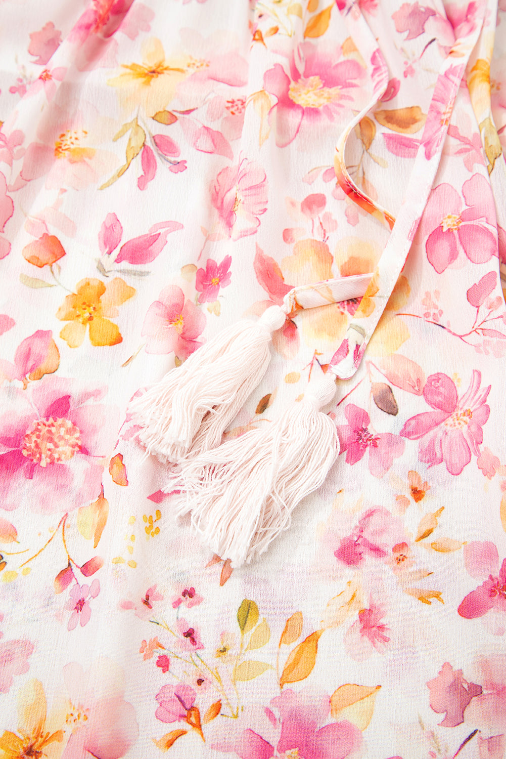 Floral-Print Smocked Tassel Tie V-Neck Puff Sleeve Tunic Blouse