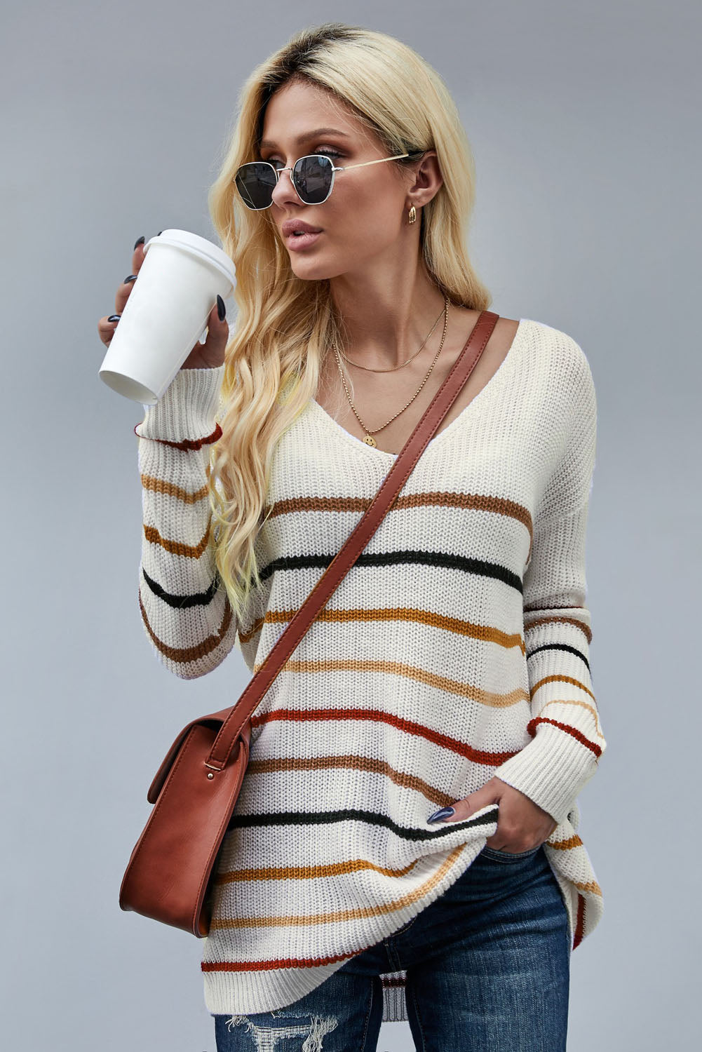 Women's Knit Sweater with Striped Loose Multicolor