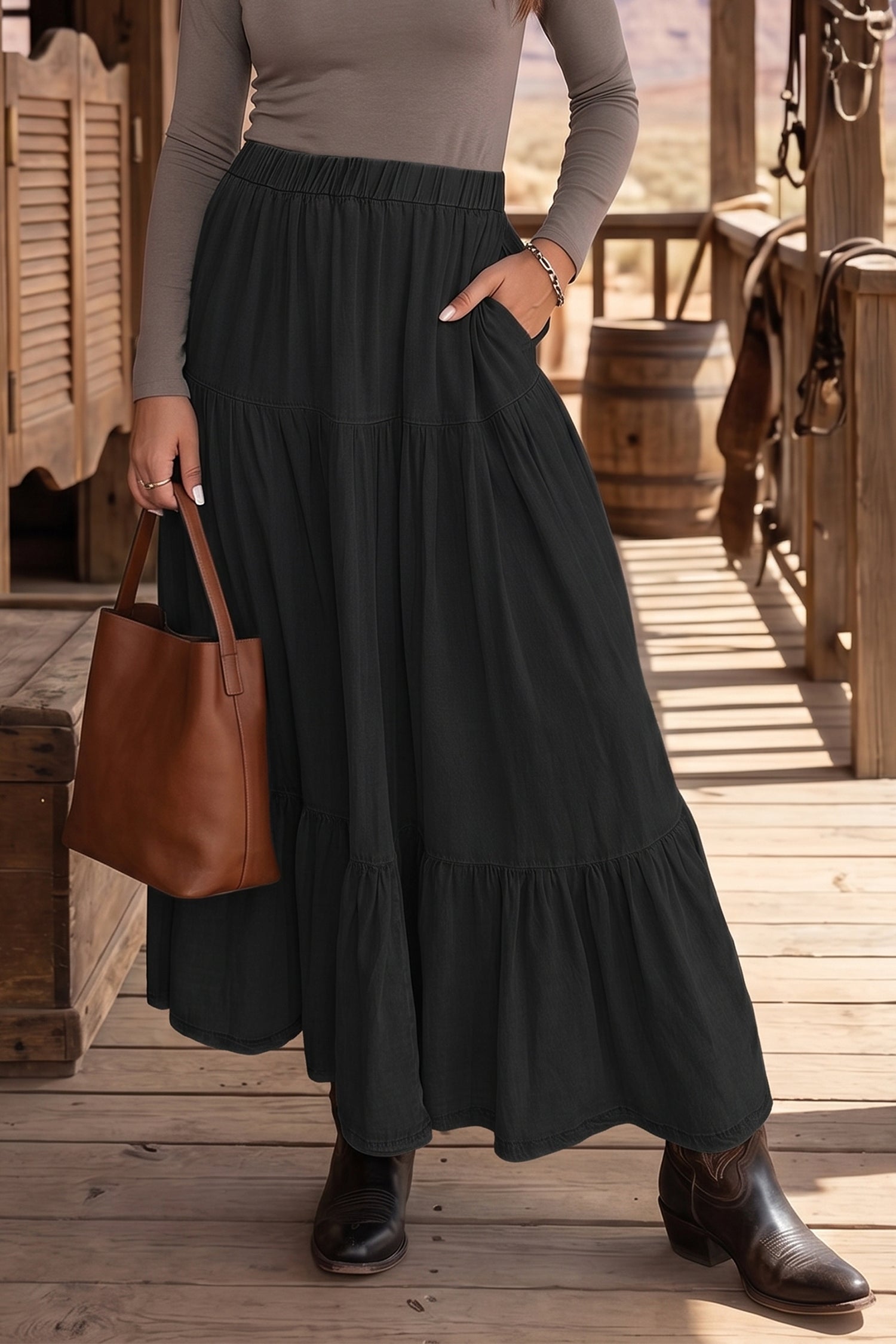 Waist Ruffled Elastic Ruffled Tiered Flared Denim Maxi Skirt in Black