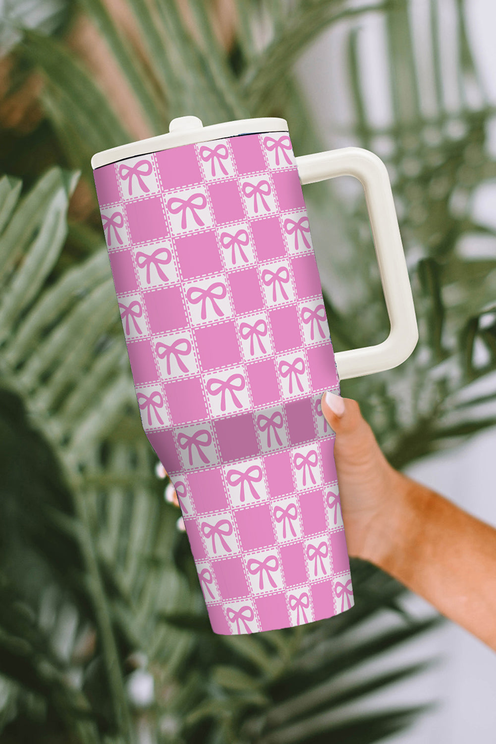 Checkered Bow Knot Print Handle Large Tumbler 40OZ