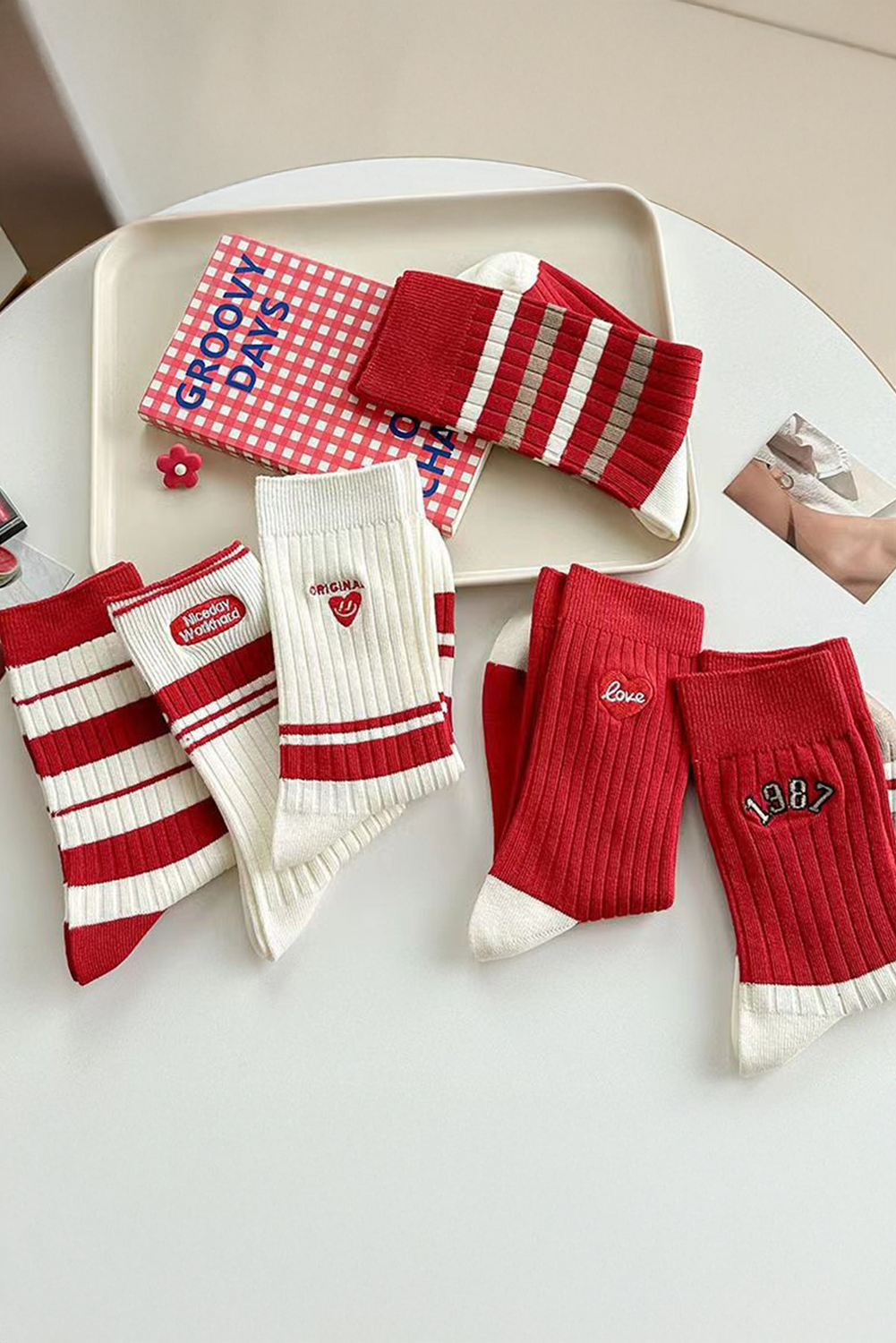 Love Embroidered Rib-Knit Colorblock Crew Socks
