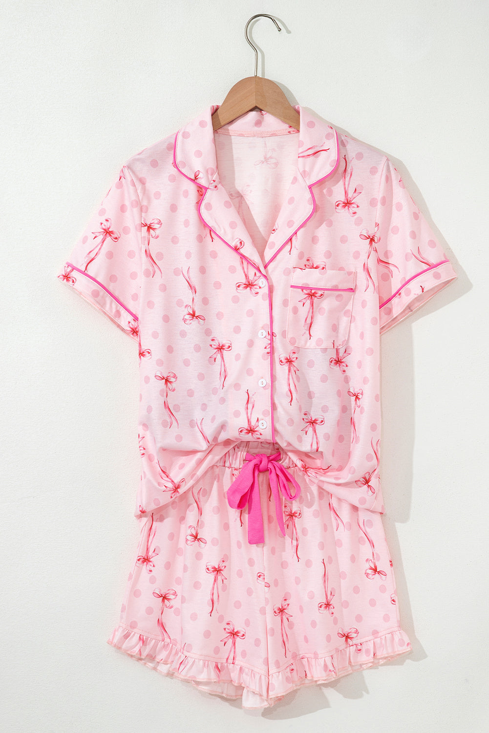 Contrast Bow Print Pipping Short Pajamas Set