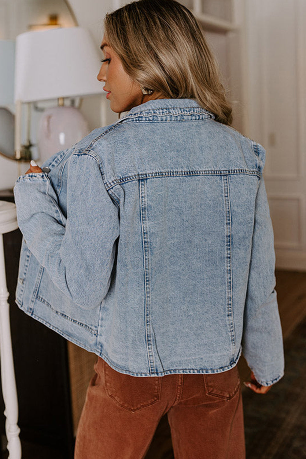 Scallop Patched Trim Collar Pocket Button-Front Denim Jacket