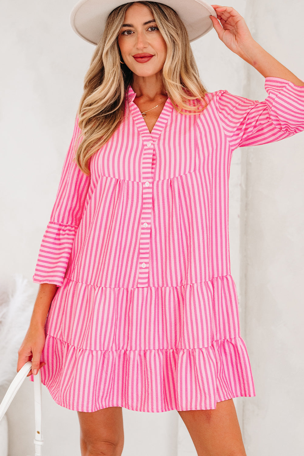 Half Flare Sleeve Placket Tiered Flowy Mini Dress