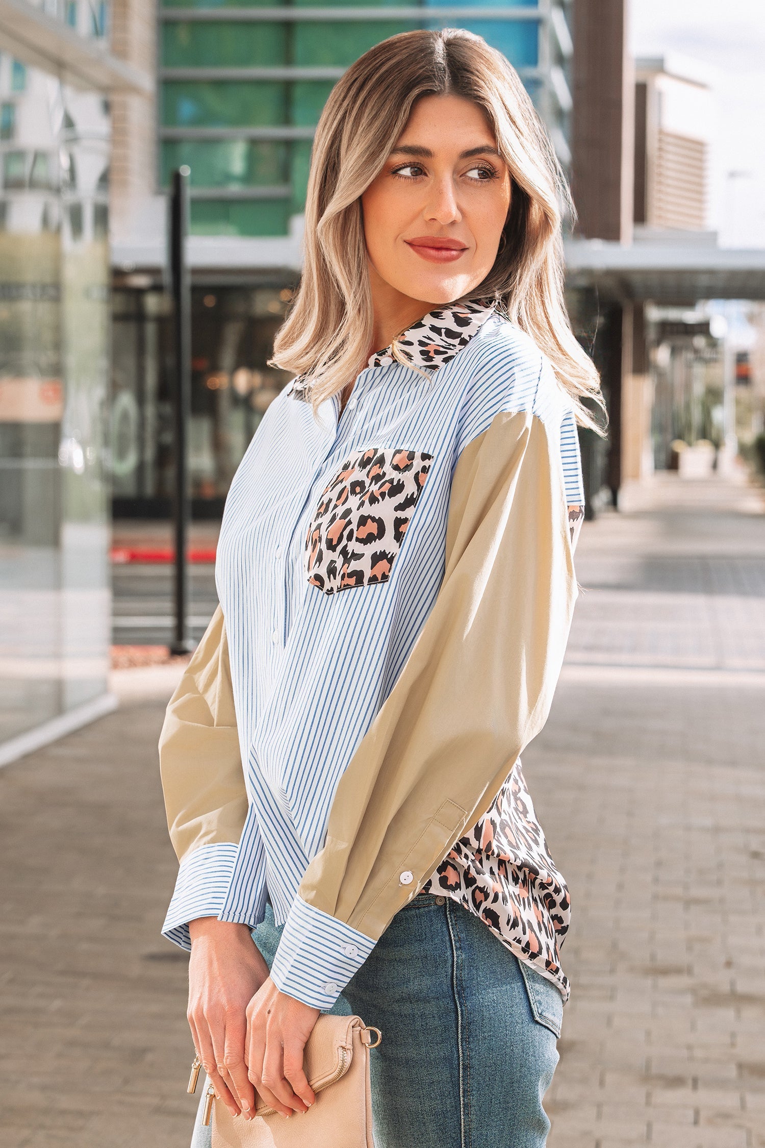Patchwork Colorblock Leopard Chest Pocket Cuffed Sleeve Shirt