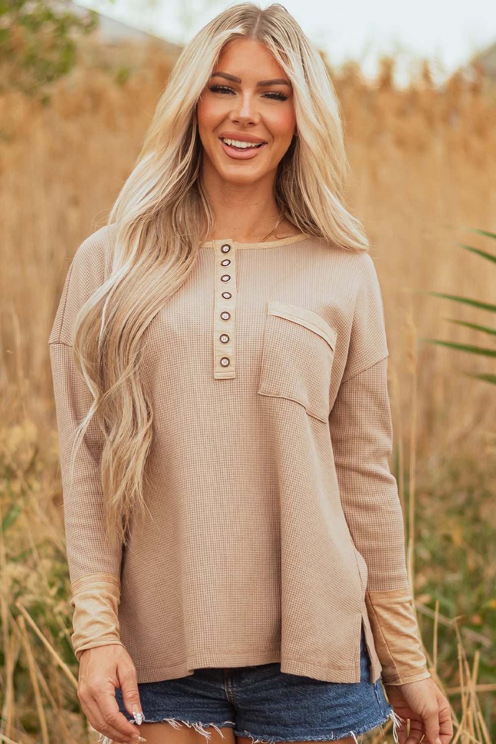 Waffle Textured Colorblock Textured Tunic Henley Cotton Top in Khaki