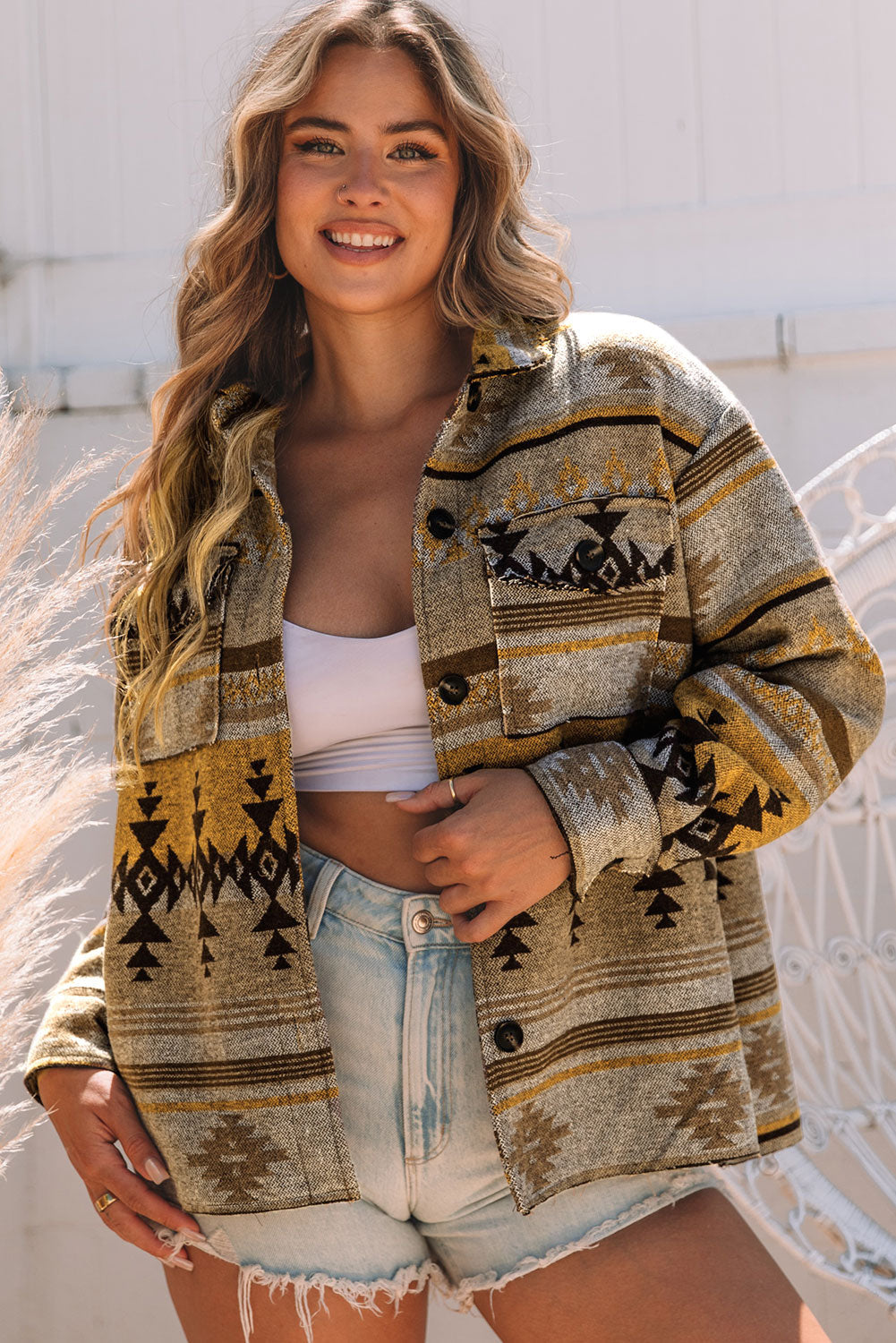 Women's Shacket Featuring Western Aztec-Pattern Jacket