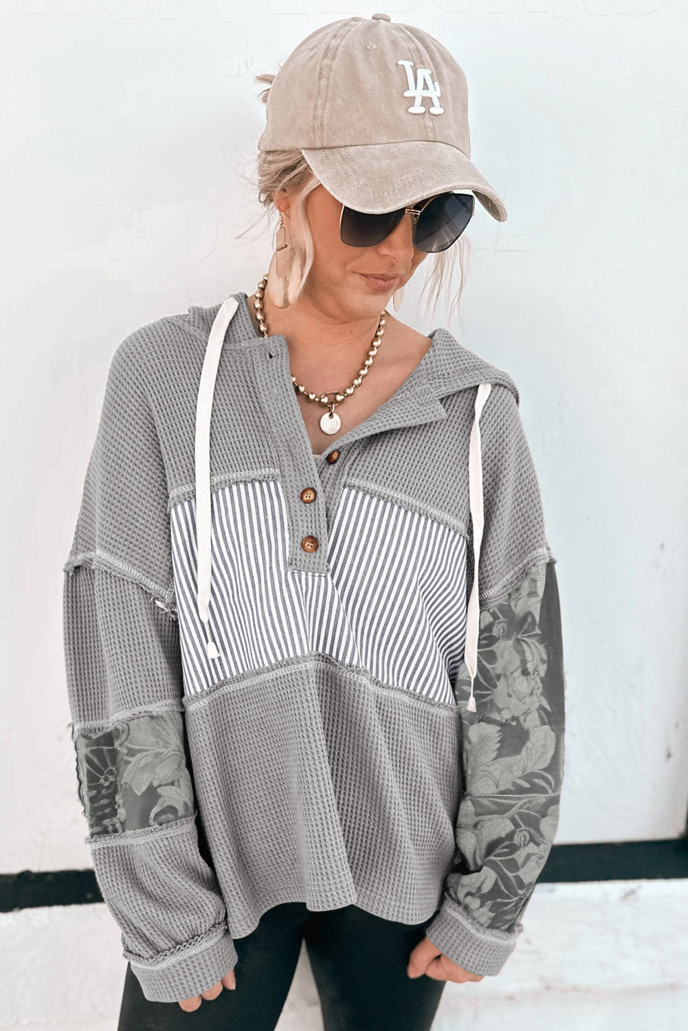 Waffle Printed Patchwork Drawcord Hooded Long-Sleeved Top