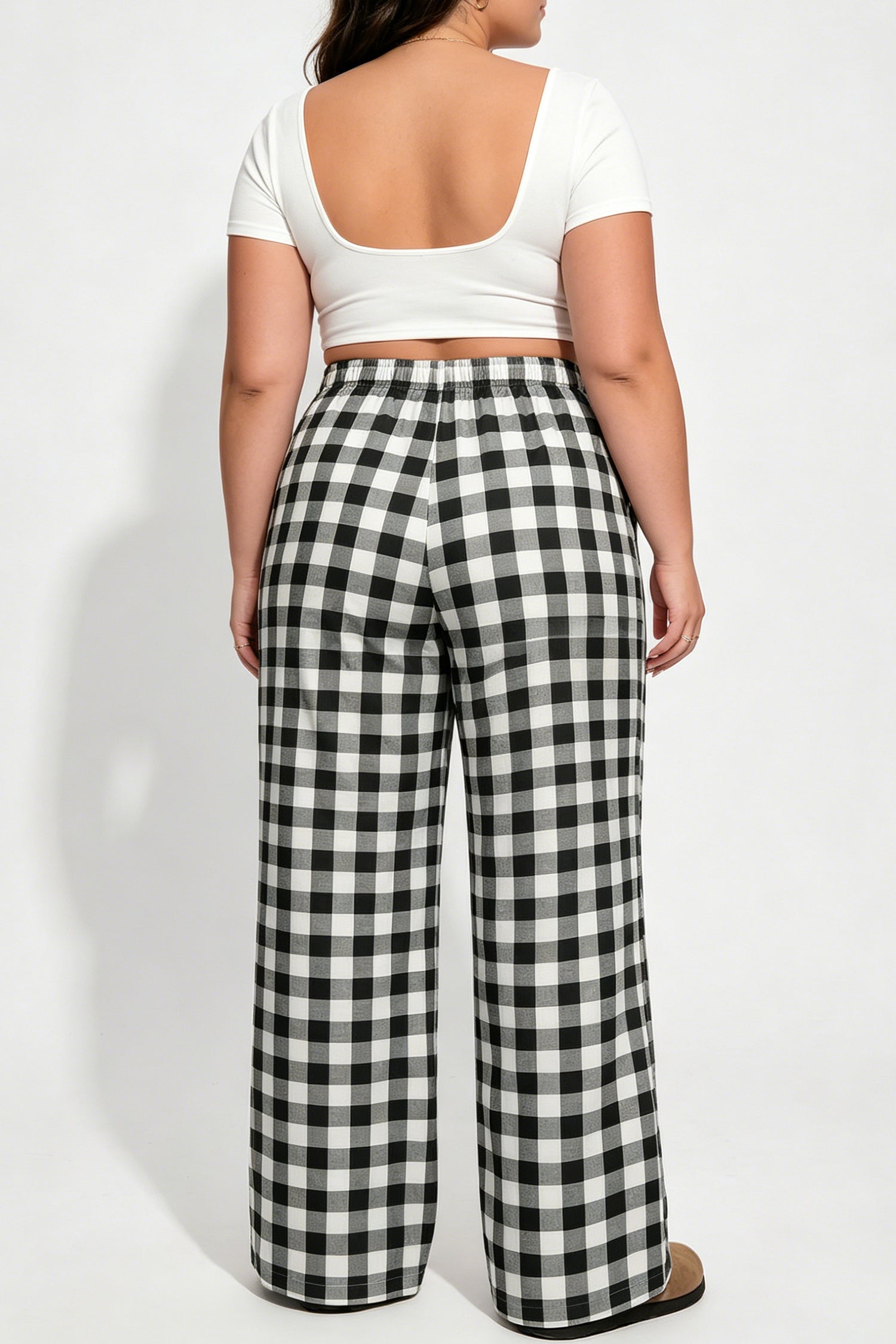 Size Plaid Plus Plaid Pattern Elastic Waist Shift Pants in Black