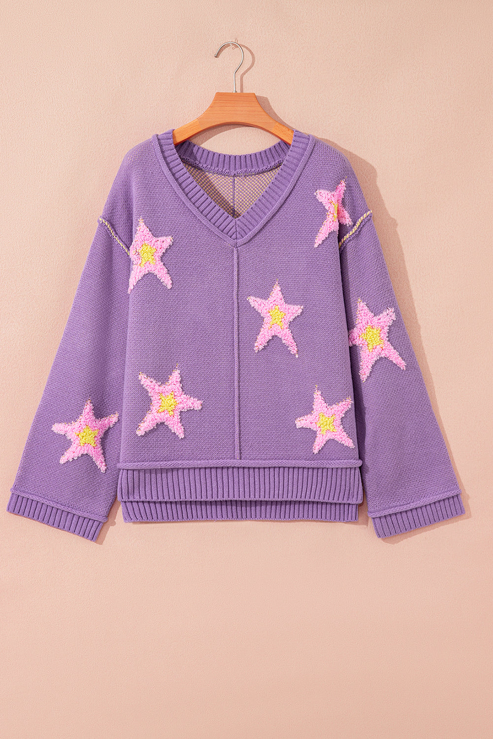 Graphic Brushed Star V-Neck Drop-Shoulder Oversize Knit Top