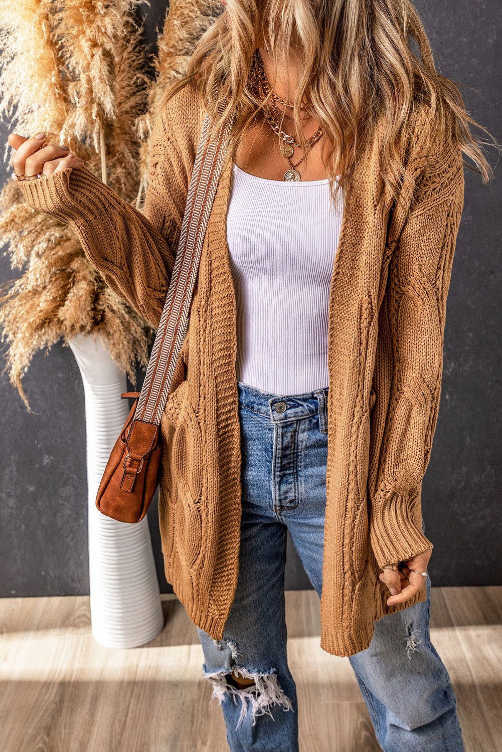 Women's Knit Cardigan Featuring Trim Eyelet Cable Rib-Knitted