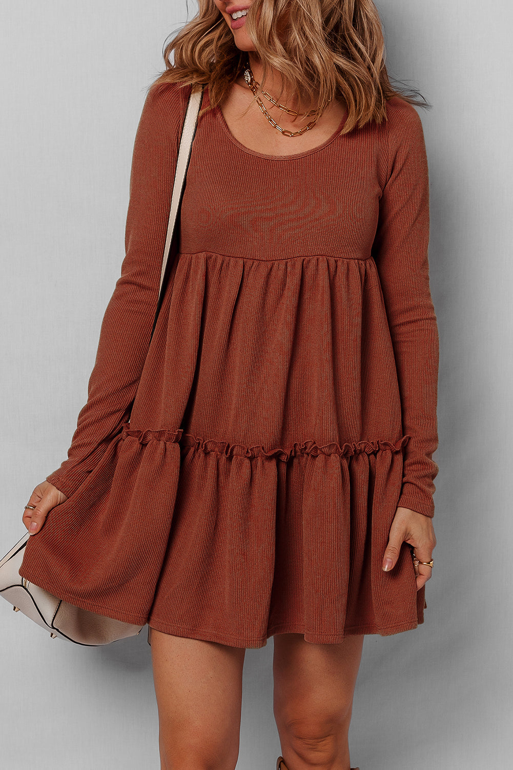 Trim Rib-Knit Frilled High-Waisted Long-Sleeved Mini Dress