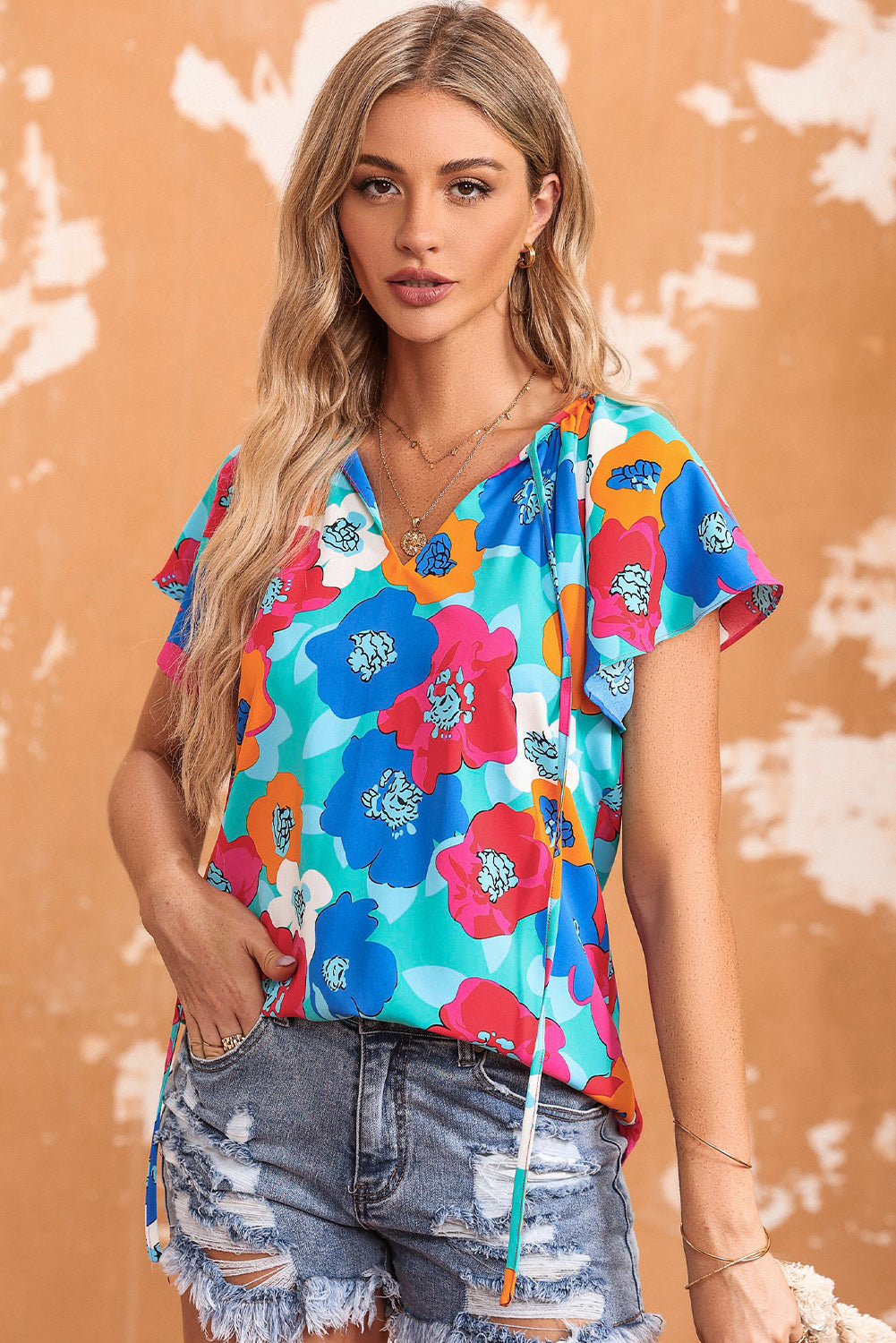 Women's Blouse Featuring Short-Sleeve Floral-Print Print V Neck