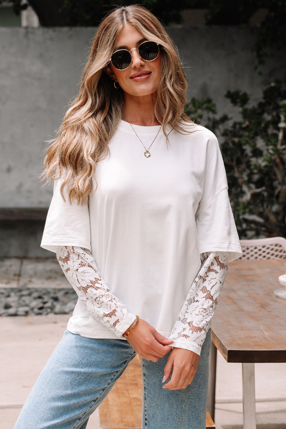 Lace Tee Long-Sleeved Insert in White