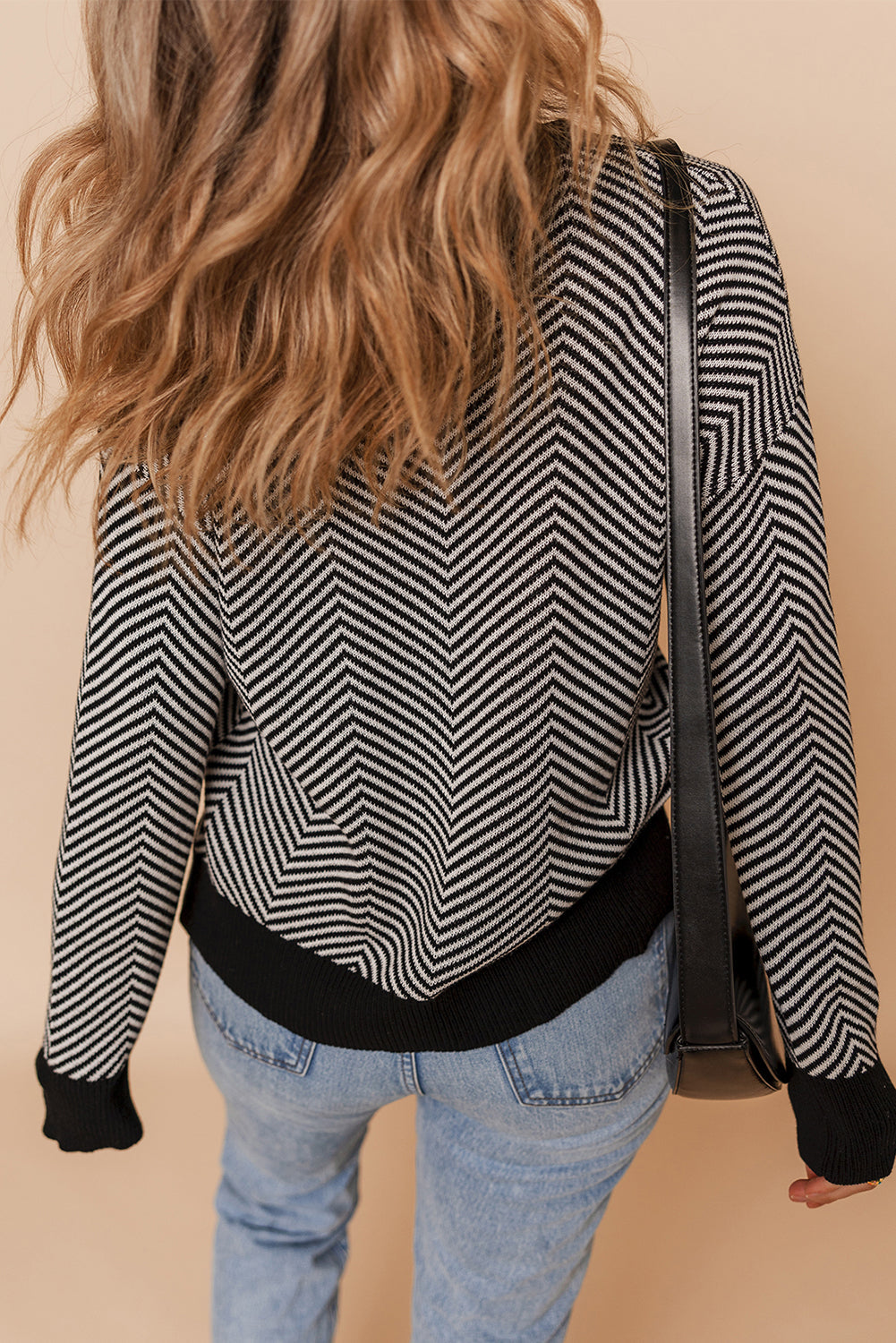 Stripe Button-Front Herringbone Cardigan in Black White