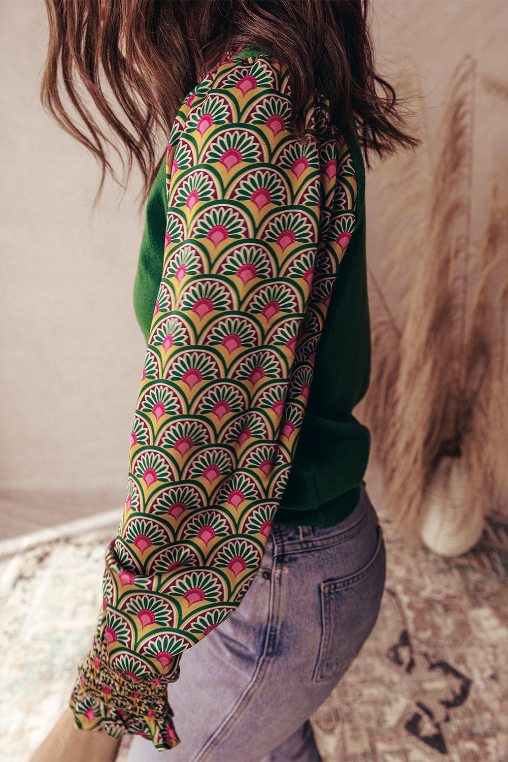 Floral Cuff Patchwork Shirred Puff Sleeve Knit Top
