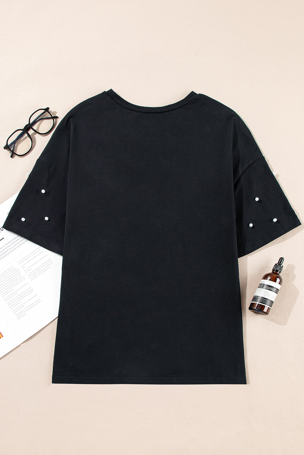 Black Pearl Beaded Drop Shoulder Crewneck T Shirt