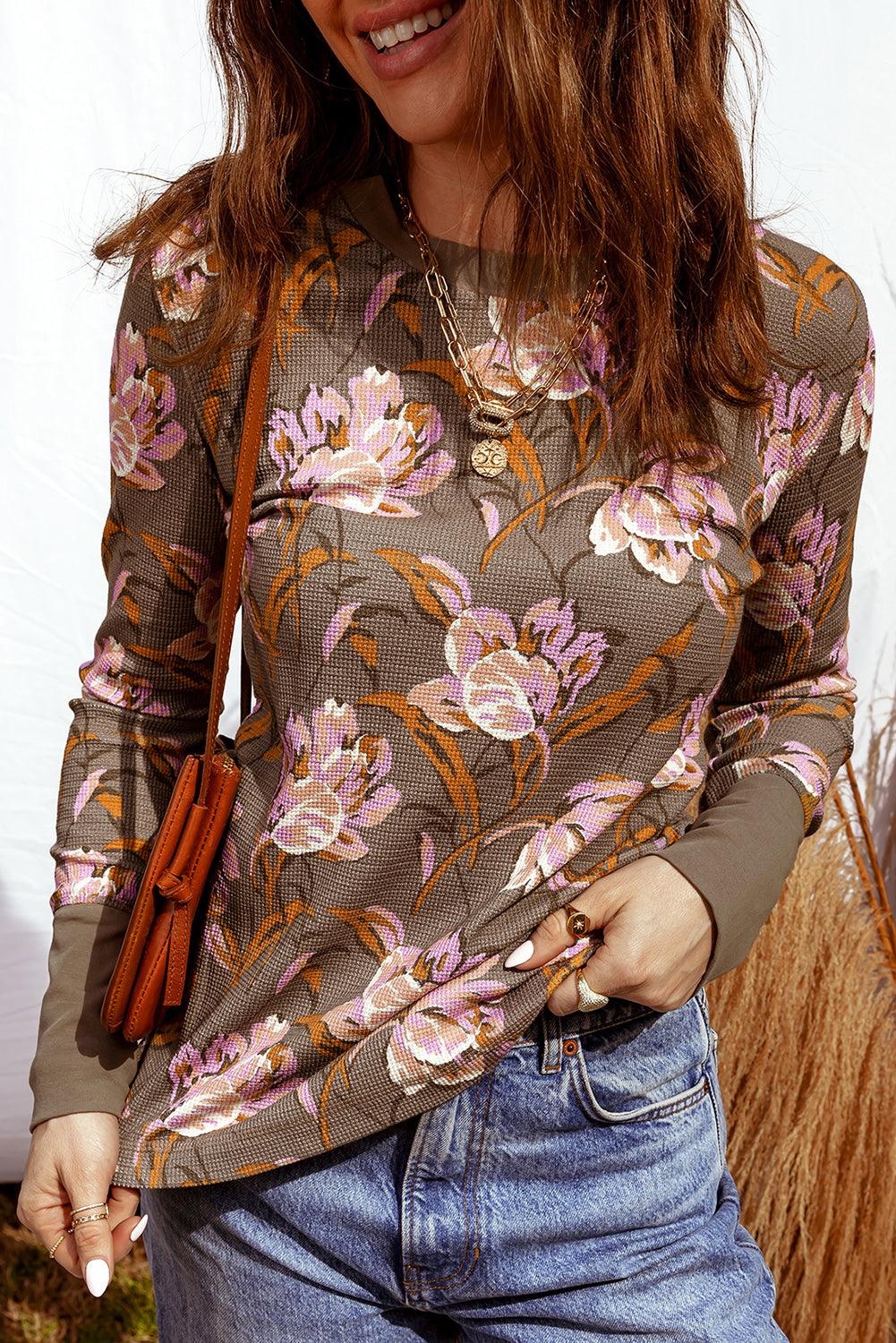 Floral-Print Long-Sleeved Waffle Textured Top in Brown