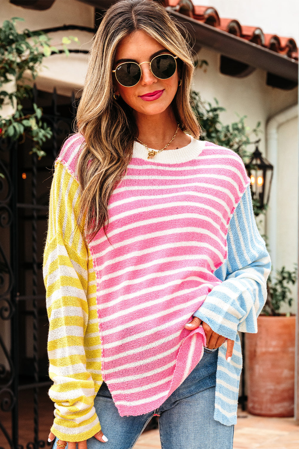 Patchwork Colorblock Striped Dolman Sleeve Slit Knit Top in Multicolour