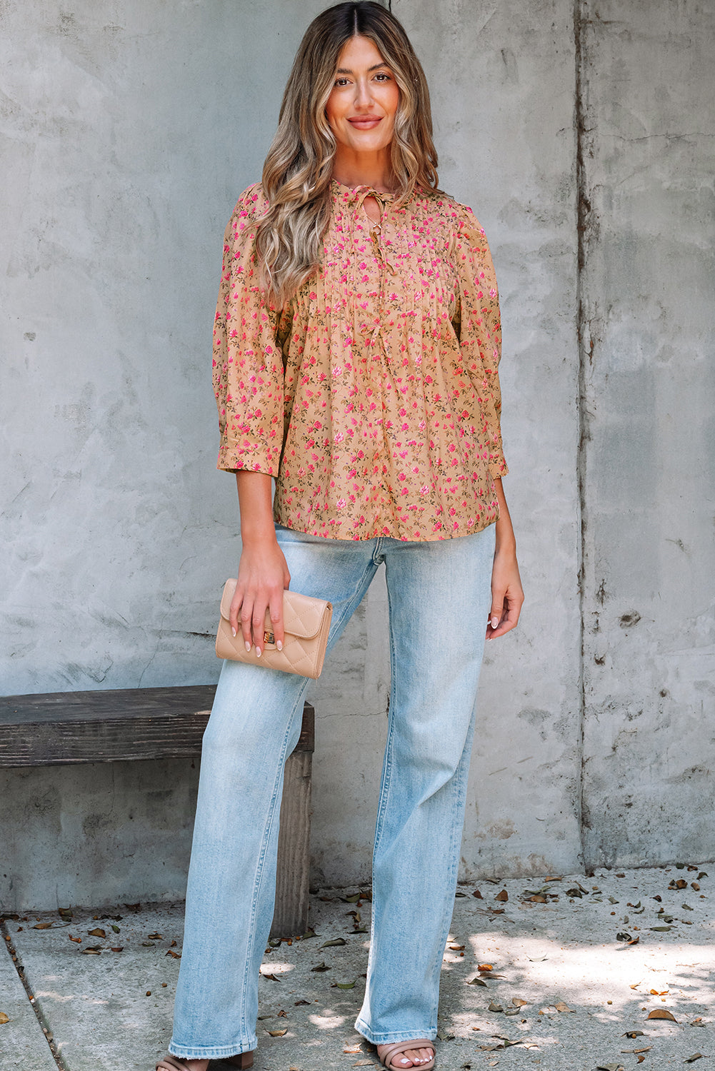 Floral-Print Bow Pintuck Bust Half Puff Sleeve Blouse Top