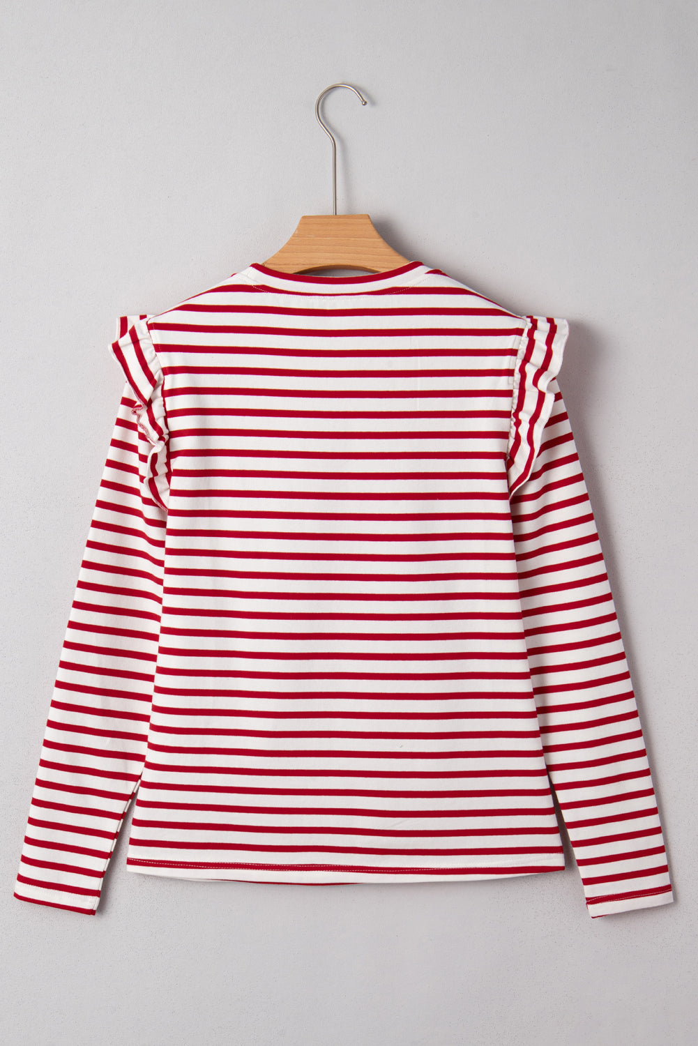 Ruffle Stripe Round-Neck Trim Long-Sleeved Top in Red