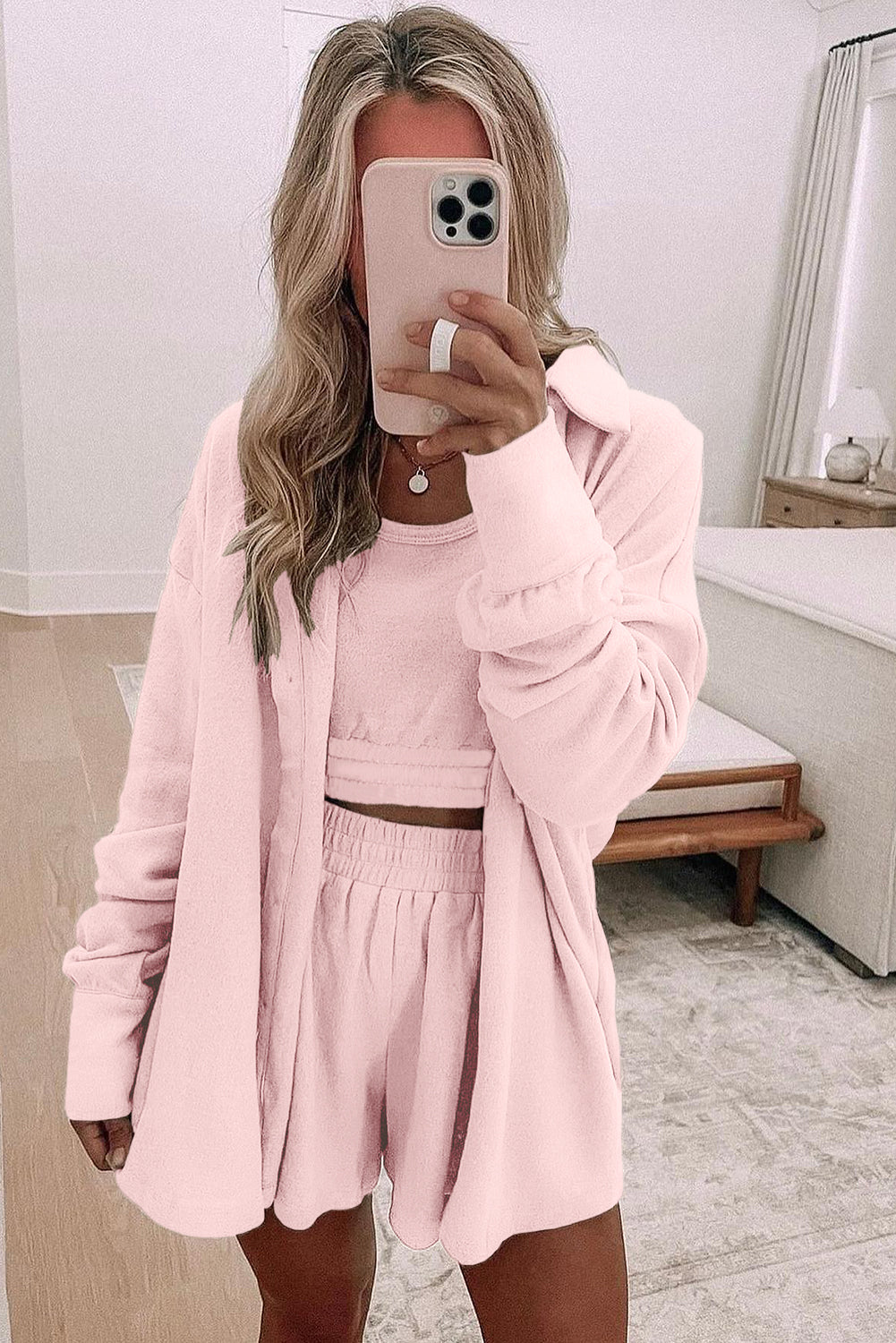 Crop 3 Pcs Tank Top Shorts with Cardigan Lounge Set in Pink