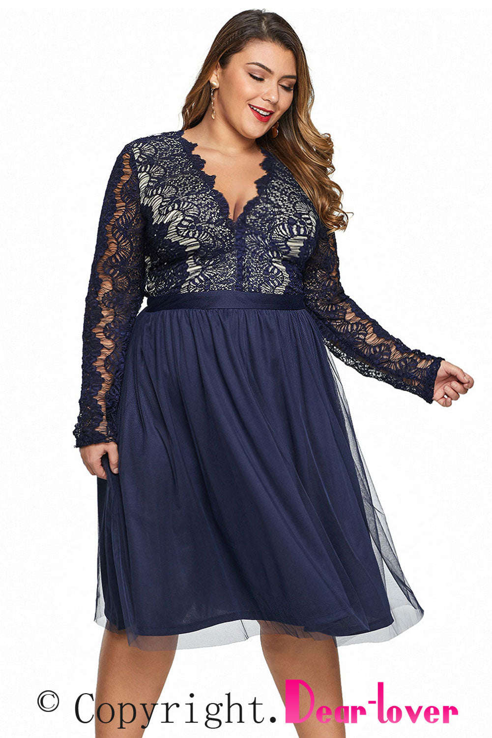 Neck Lace Scalloped Lace Tulle Plus Size Midi Dress in Black