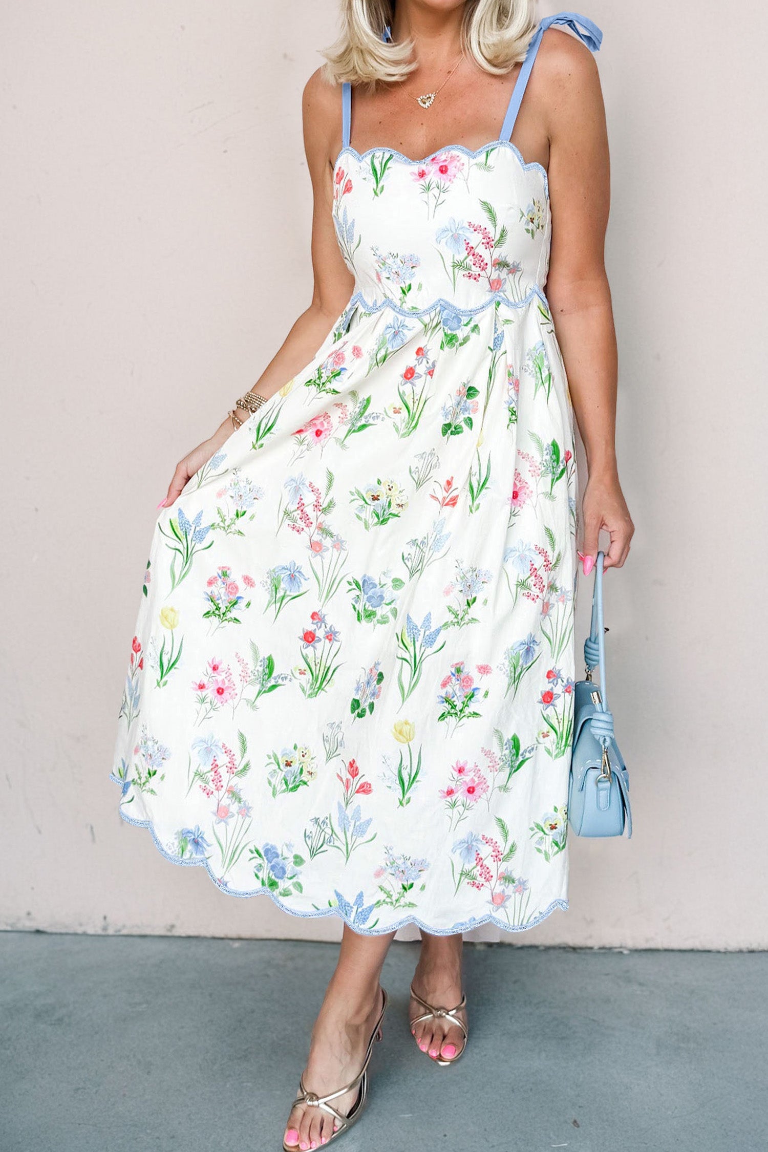 Floral-Print Straps High-Waisted Midi Dress in Beige