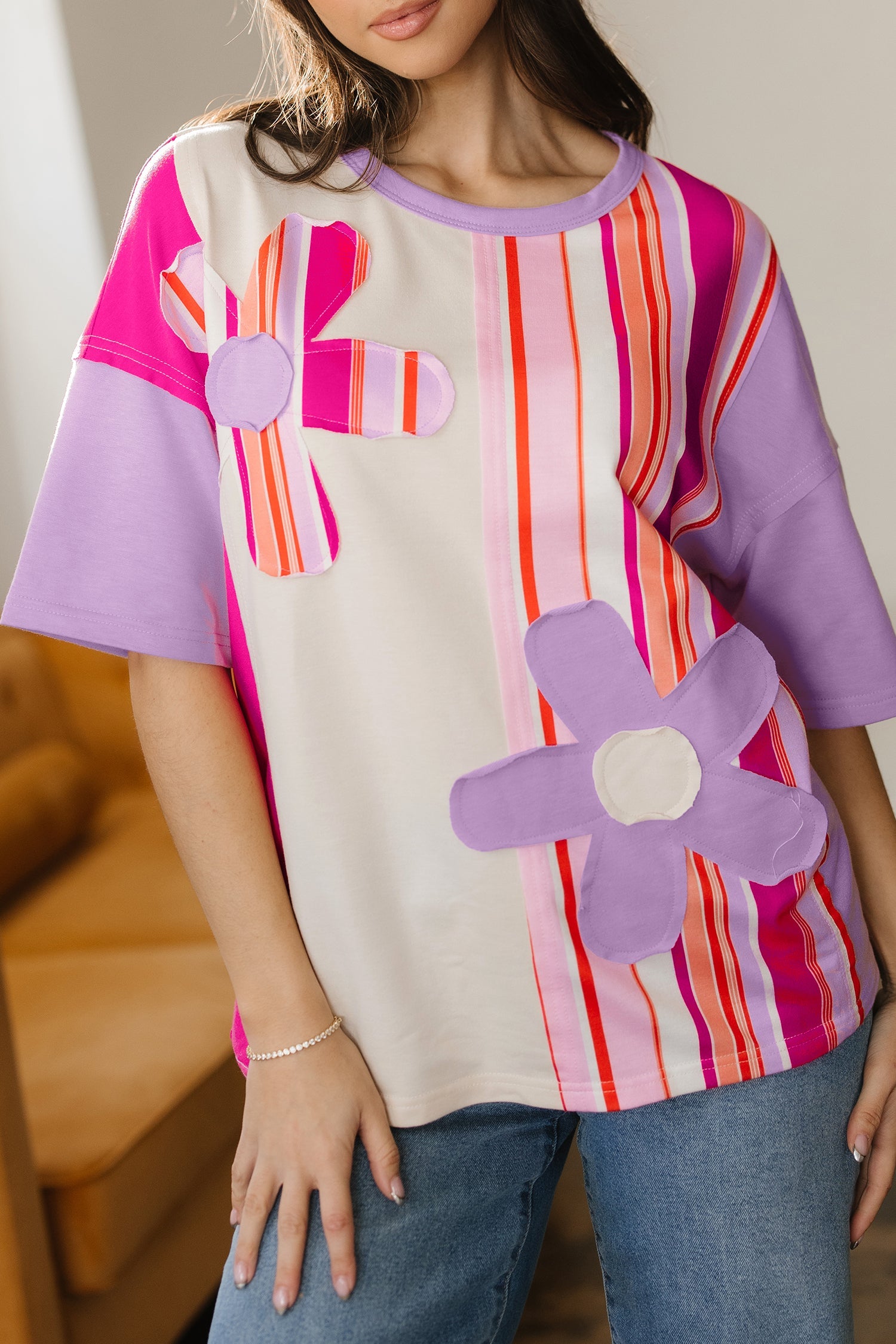 Striped Colorblock Flower Patched Half Sleeve Loose Top