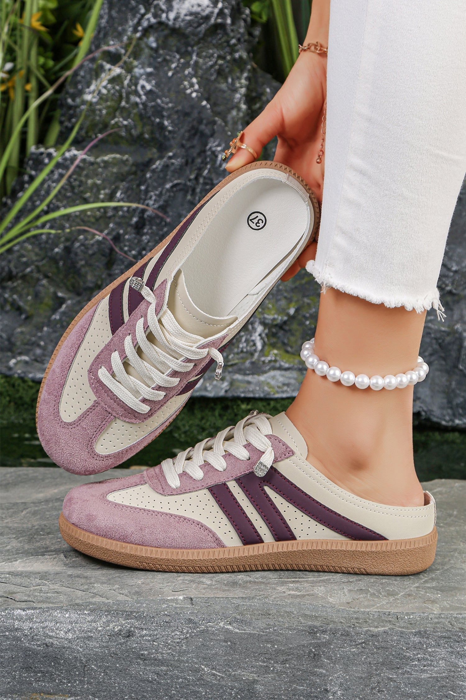 Eyelet PU Leather Patchwork Color Pop Sneakers in Pink