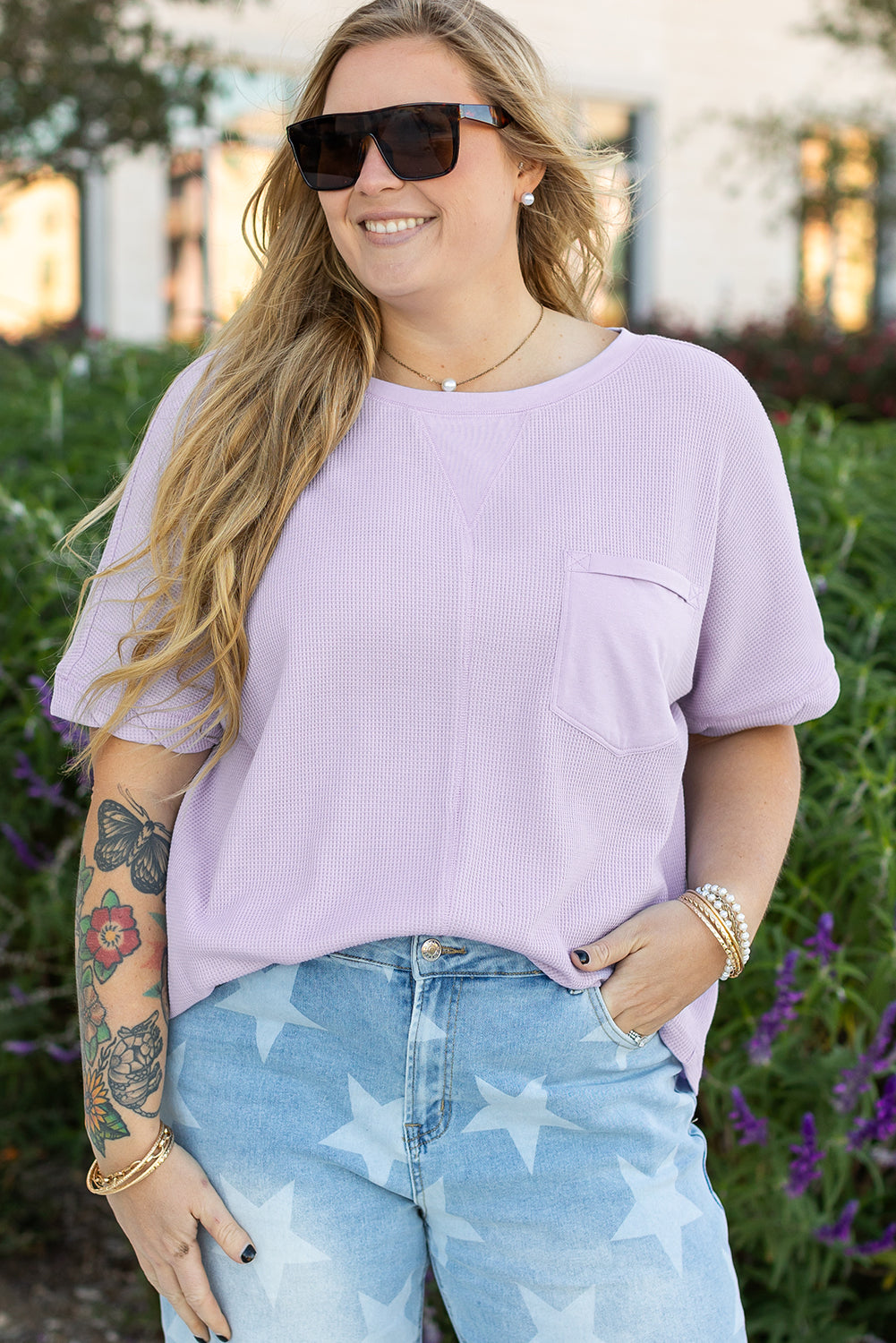 Waffle Knit Short Sleeve Patched Pocket Plus Size Top
