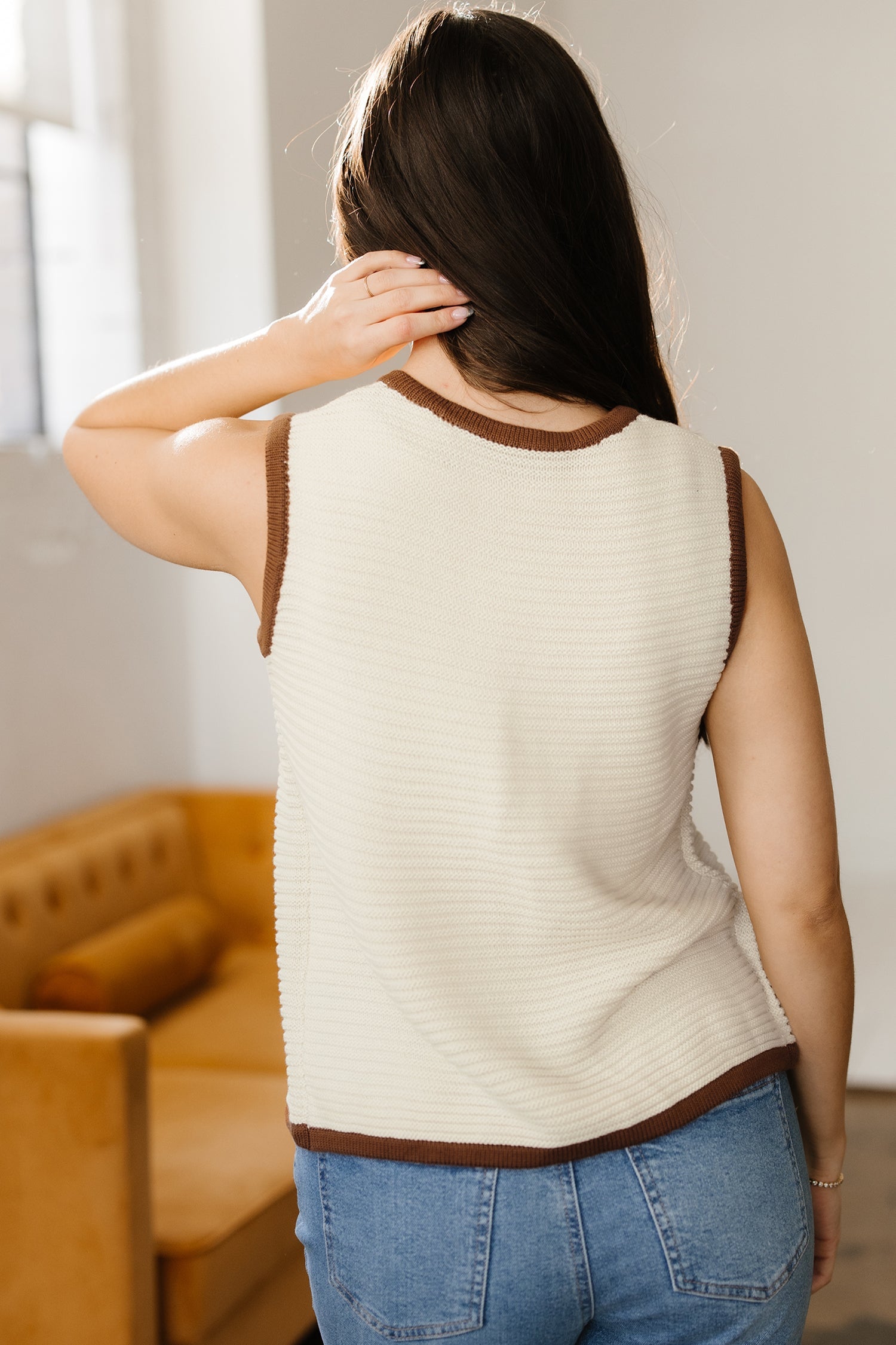 Horizontal Contrast Rib-Knit Knit Trim Ties Front Knit Top Vest