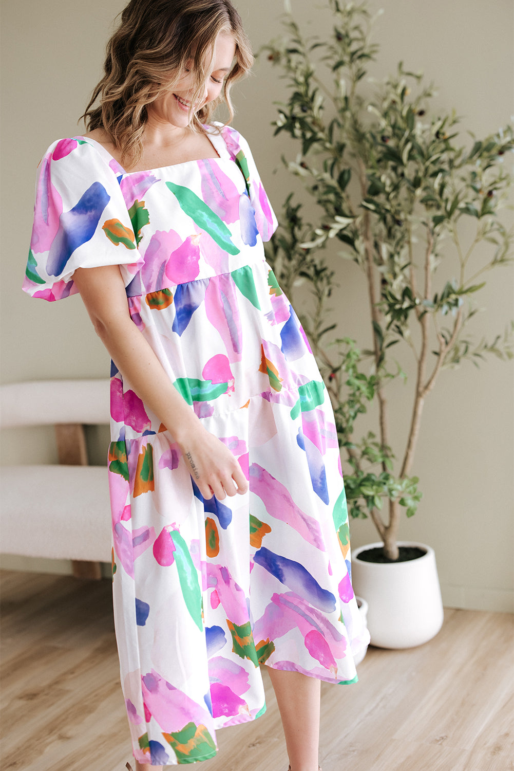 Purple Abstract Print Smocked Back Midi Dress