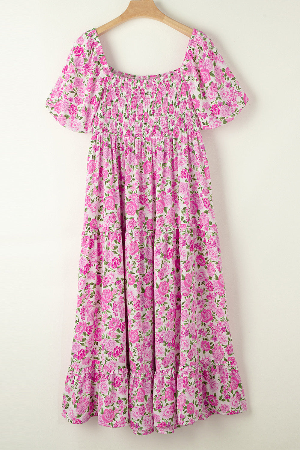 Robe Smockée à Manches Bouffantes et Imprimé Floral de Grande Taille