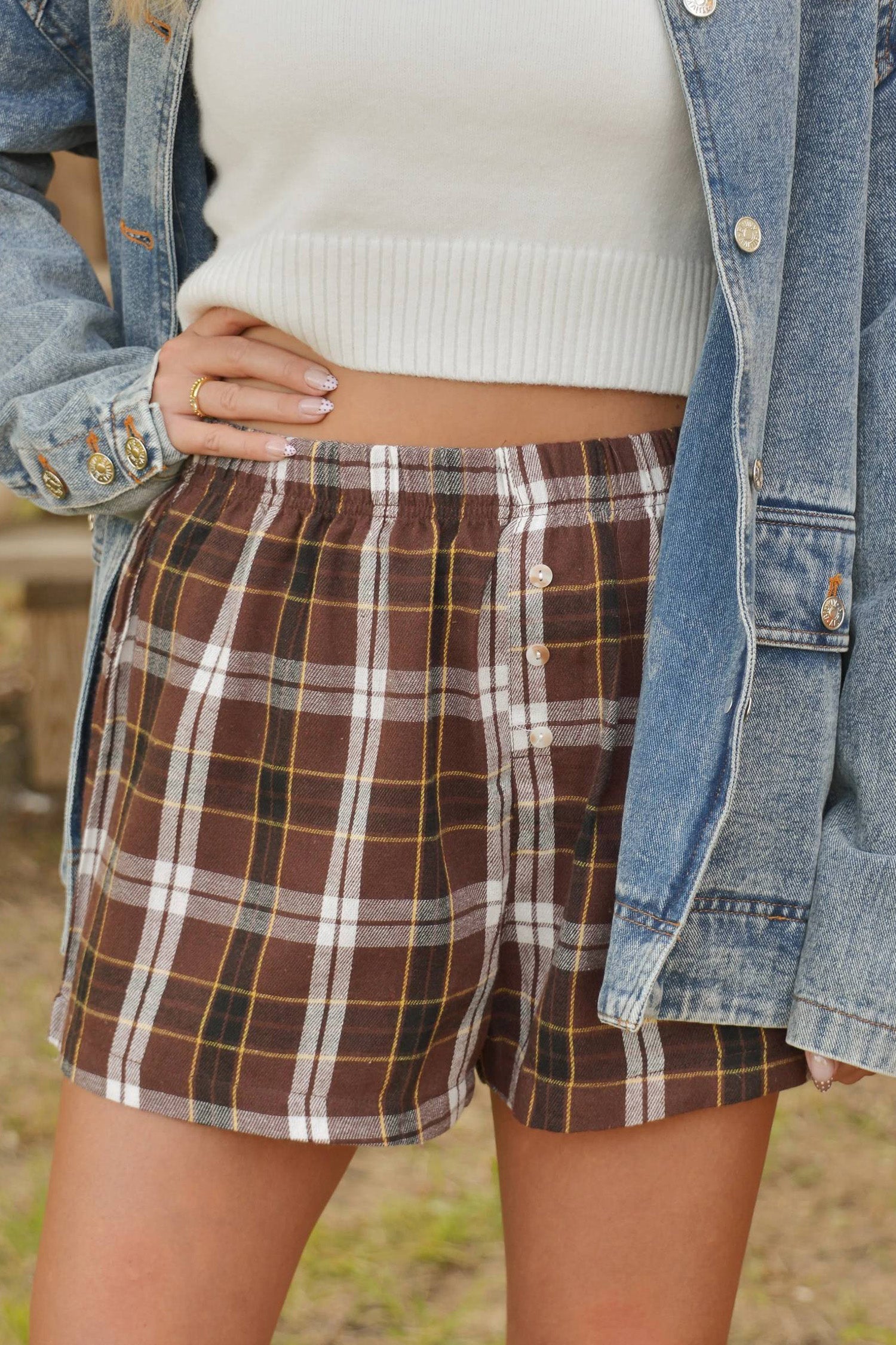 Button Front Plaid Front Elastic Waist Shorts in Brown
