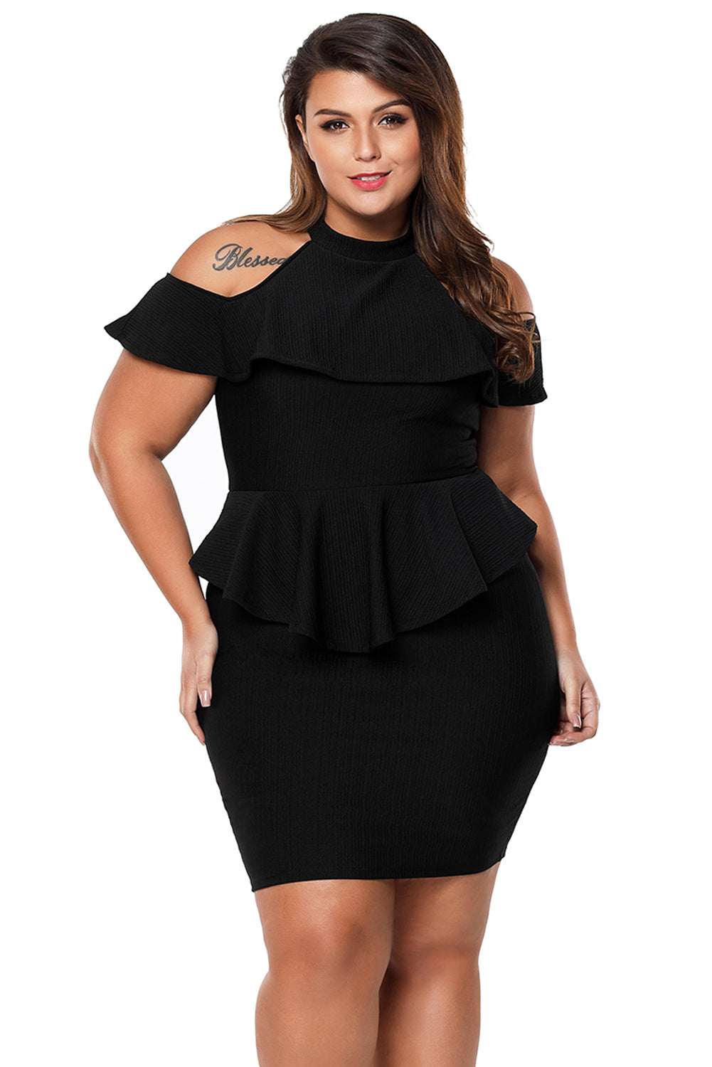 size Cold Plus Cold Shoulder Peplum Bodycon Dress