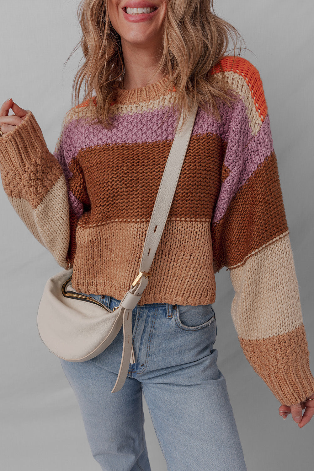 Cropped Colorblock Drop-Shoulder Chunky Knit Knit Top