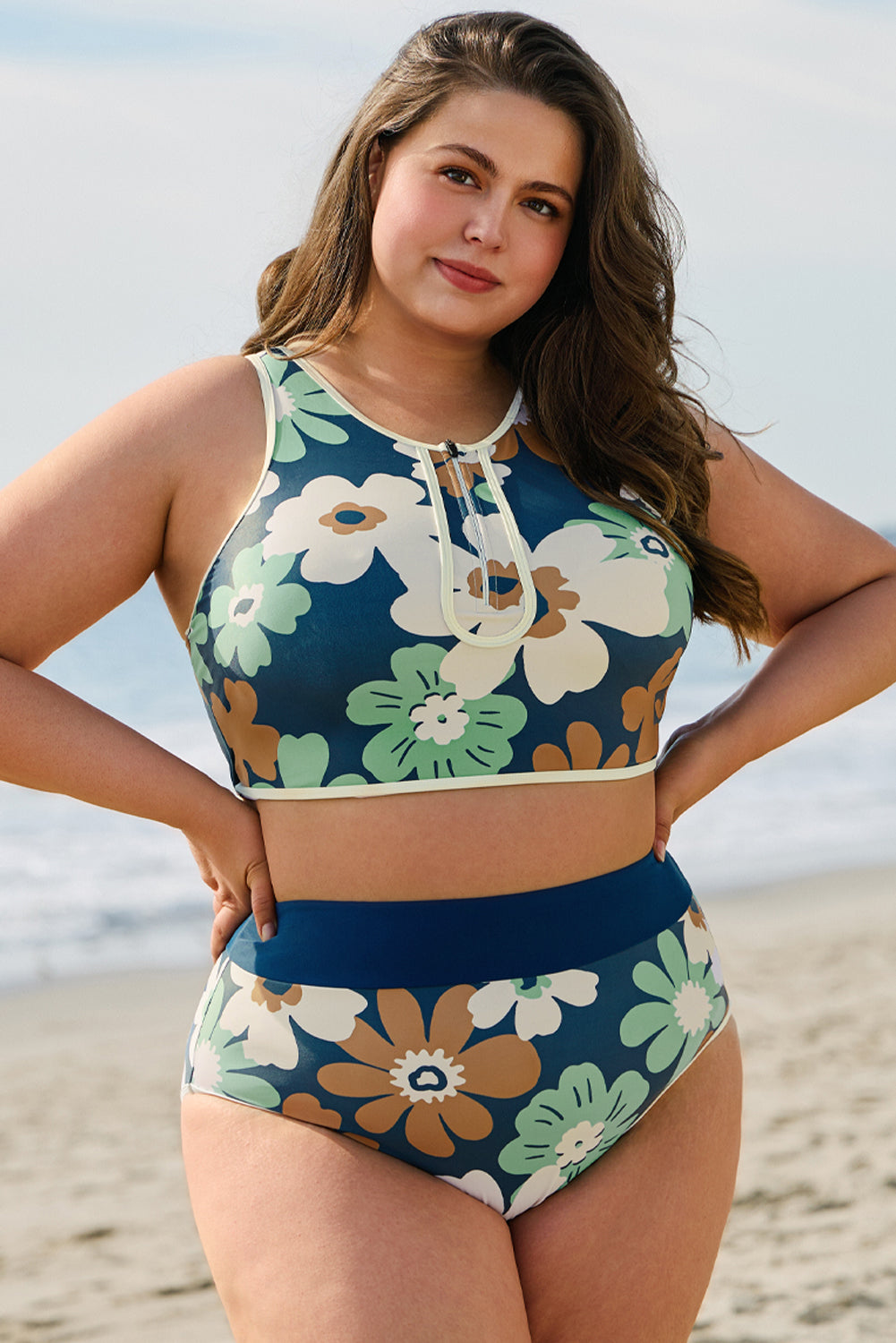 Floral Printed Zipped Plus Size Two Pieces Bikini