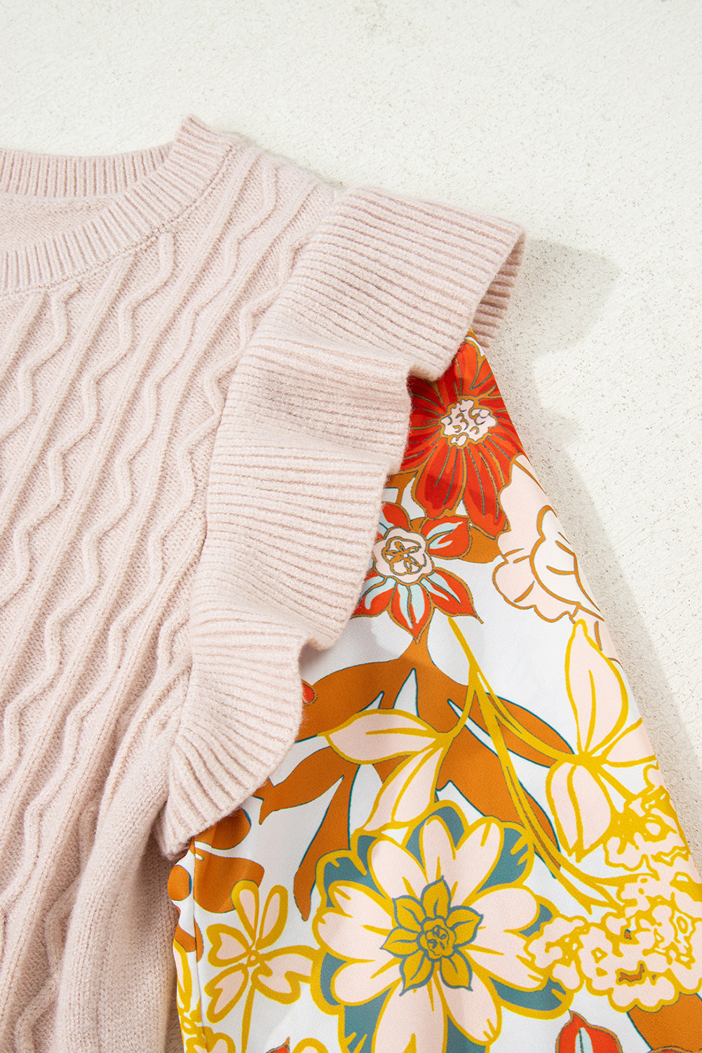 Ruffle Cable Knit Detail Contrast Floral Sleeve Patchwork Knit Top