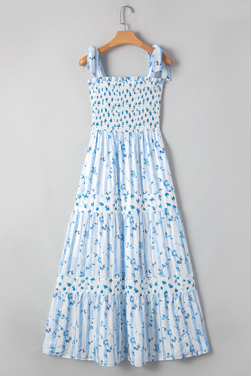 Smocked Tied Floral Tied Straps A-Lined Tiered Maxi Dress