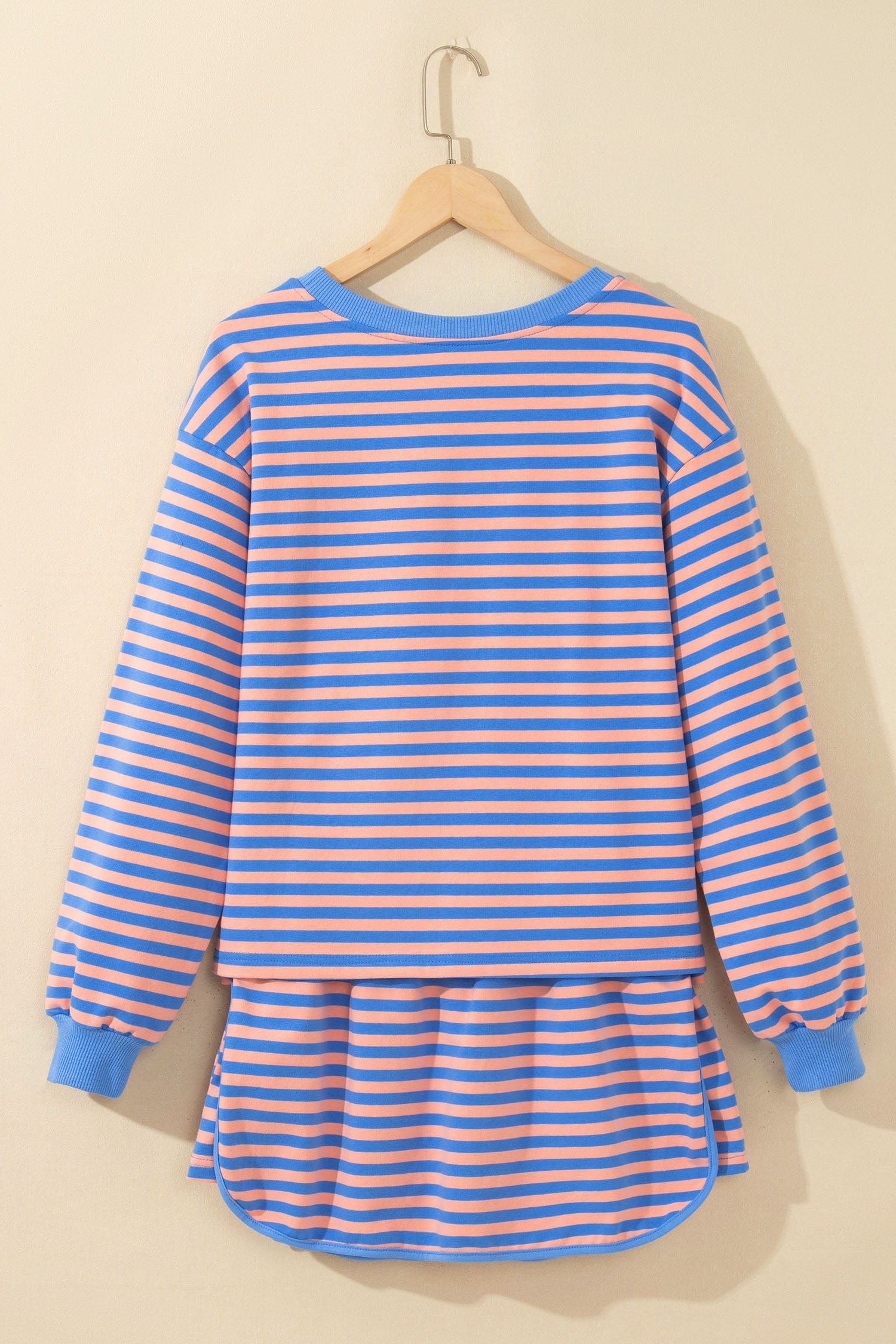 Stripe Long-Sleeved Easy-Fit Pullover Drawcord Mini Skort 2-Piece Outfit in Blue